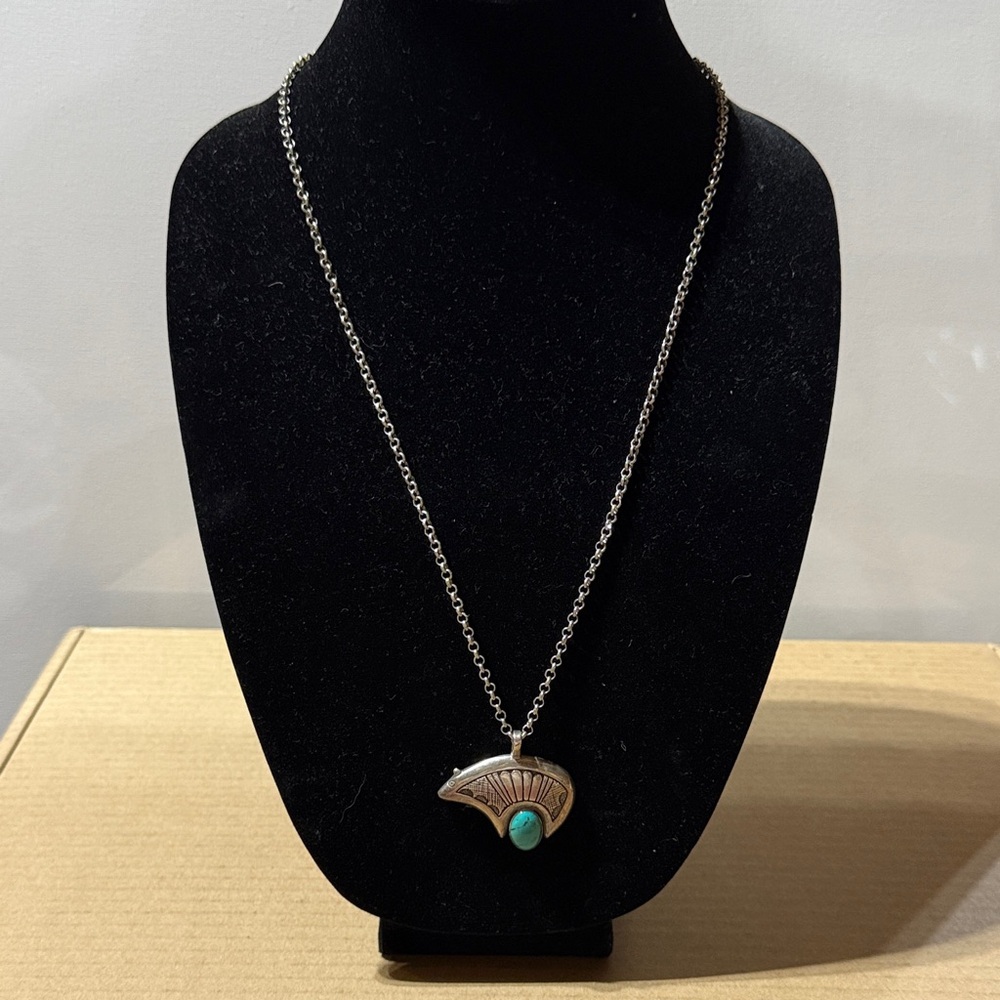 Vintage Navajo Silver and Turquoise Bear Pendant Necklace
